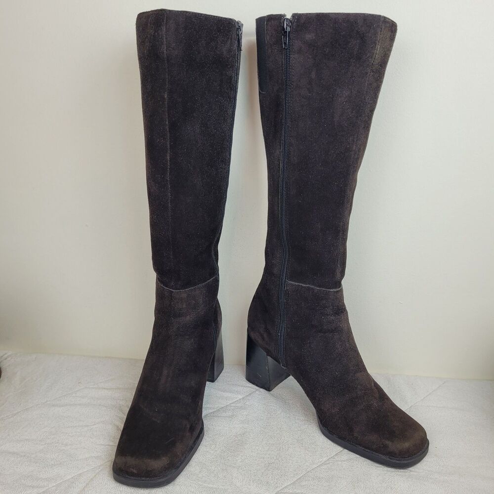 Amanda Smith deep brown suede knee high boots block heel square toe 7.5 classic